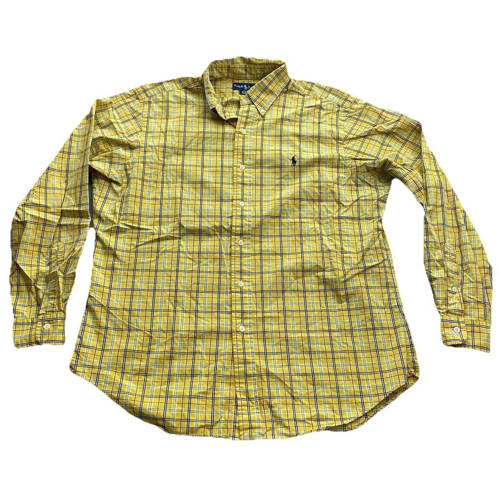 VTG Ralph Lauren Men's L Plaid Button Down ShirtGingham Print Yellow Classic Fit